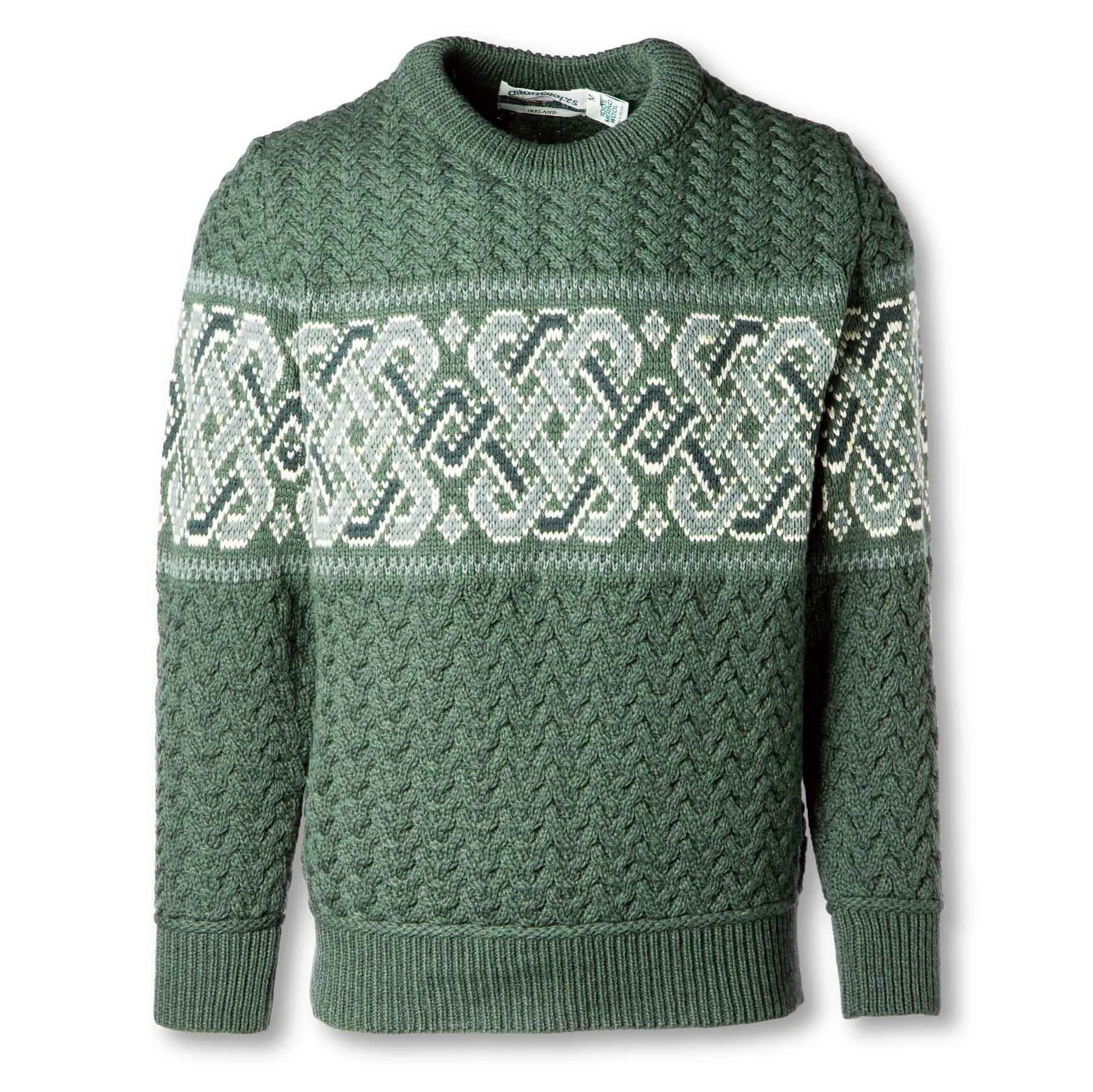 Ringsend Jacquard Aran Knit Sweater with Celtic Knotwork- Green