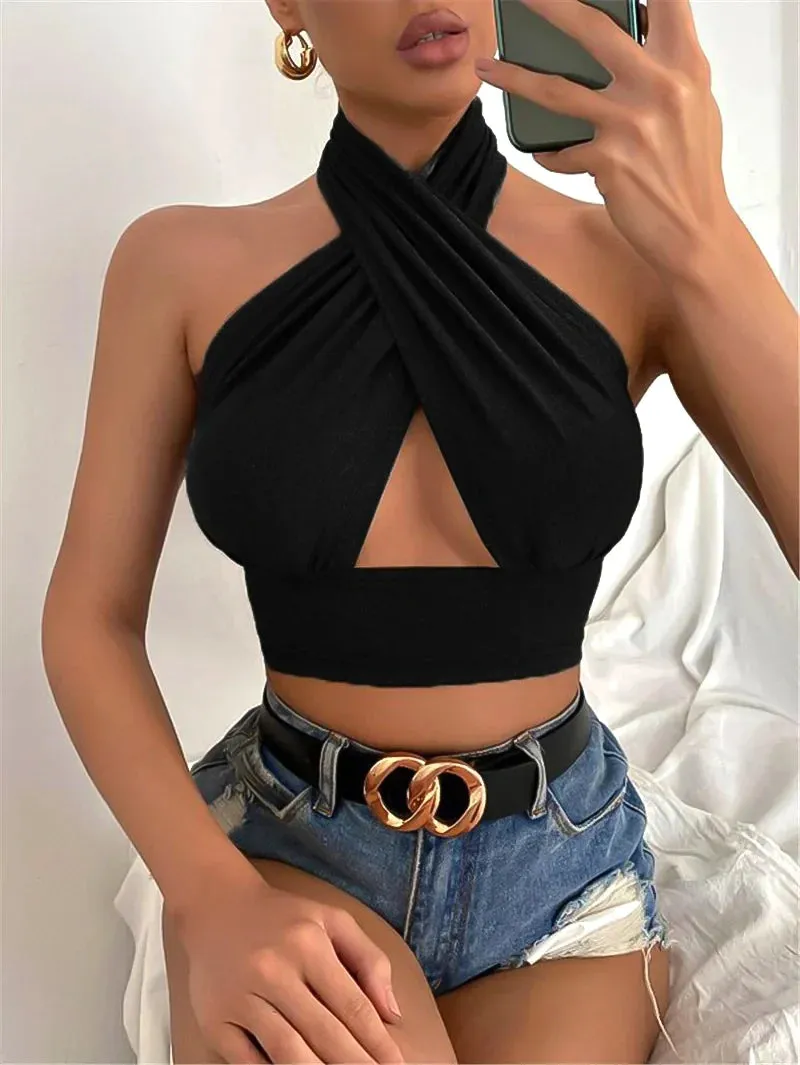 SHP Black Cross Halter Neck tops