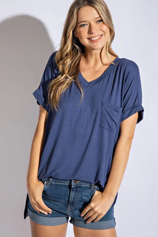 V Neck Basic High-Low Hem Top