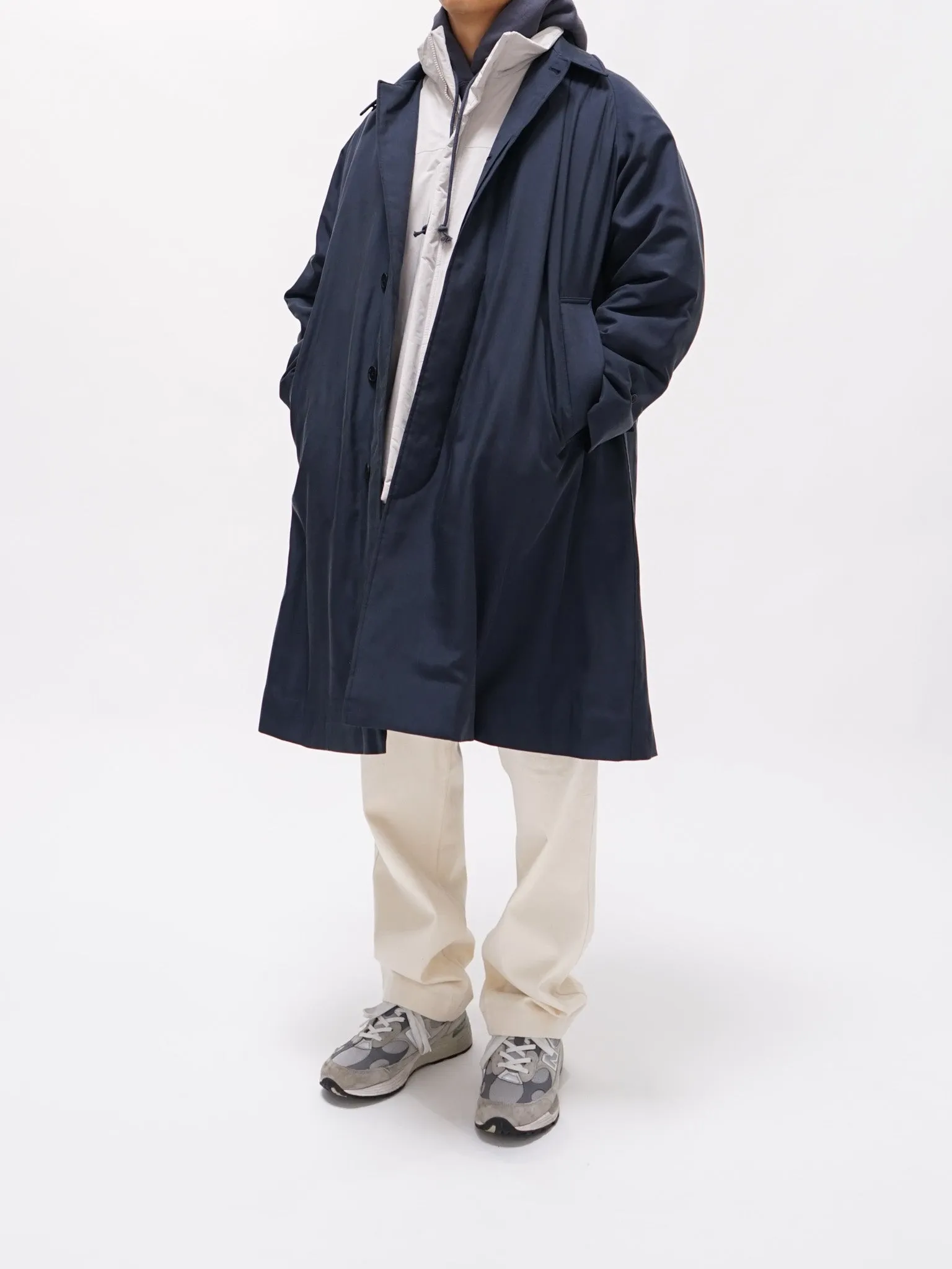 Washed Silk Gabardine Padding Walker Coat - Navy