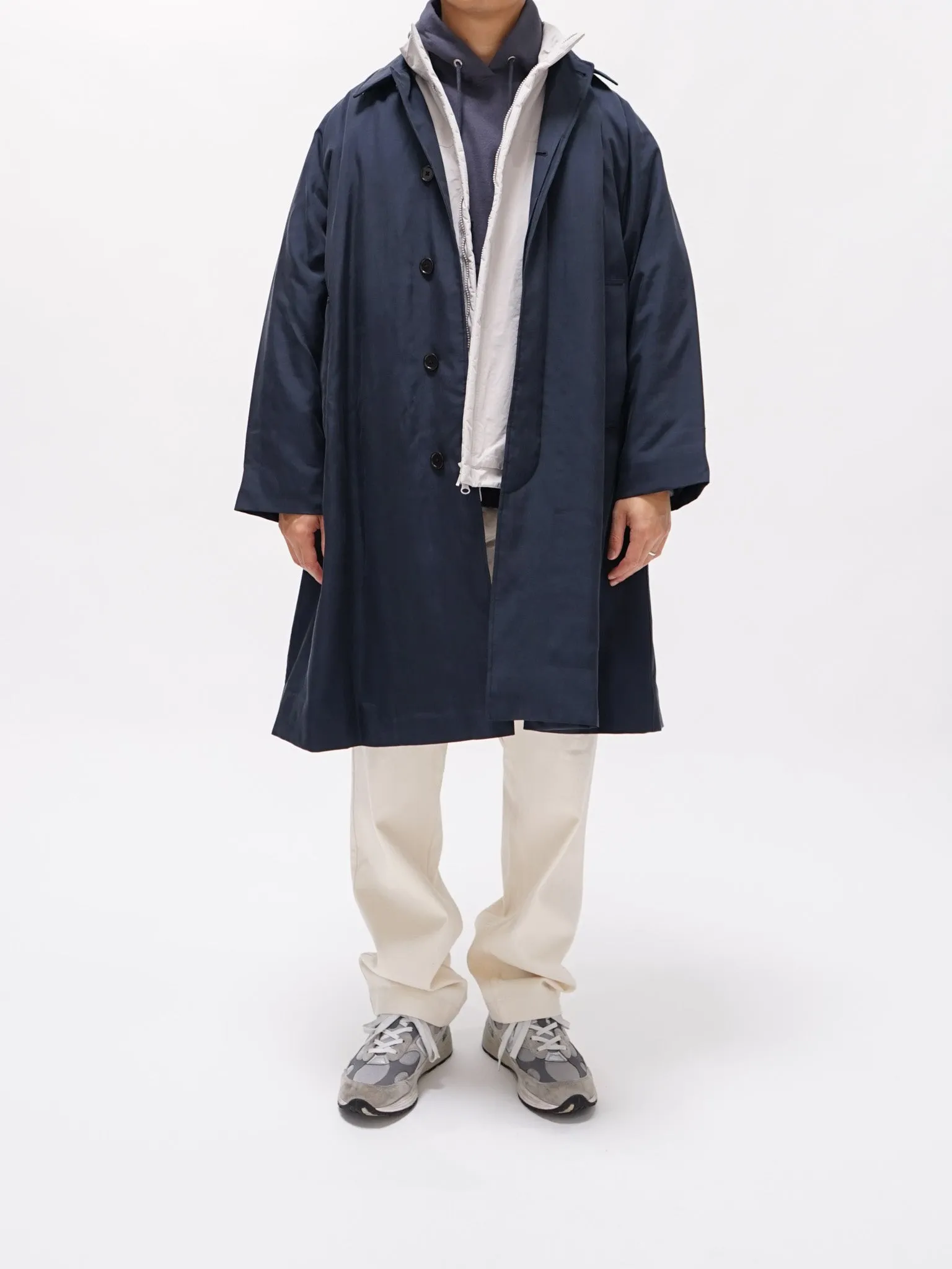 Washed Silk Gabardine Padding Walker Coat - Navy