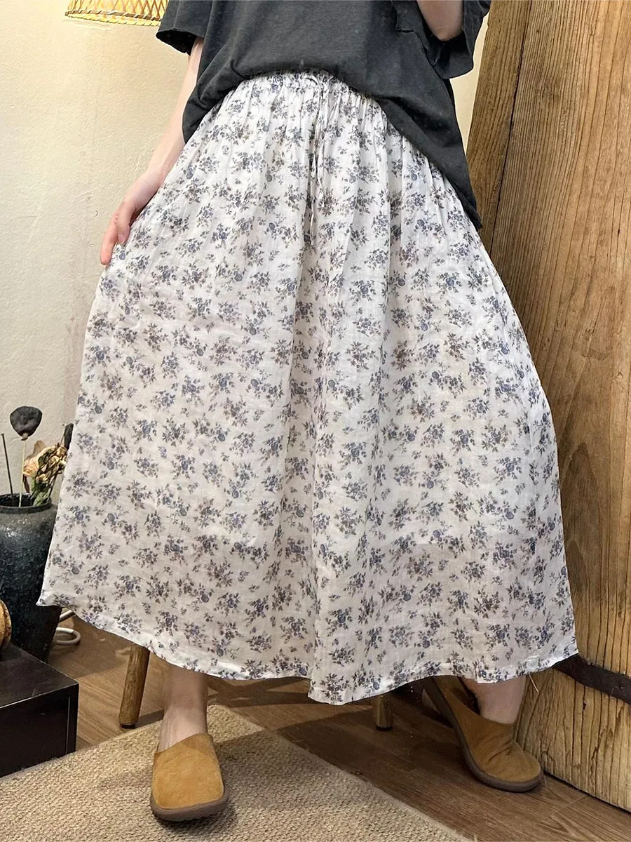 Women Summer Artsy Floral Dual-layer Ramie Skirt ZZ1055