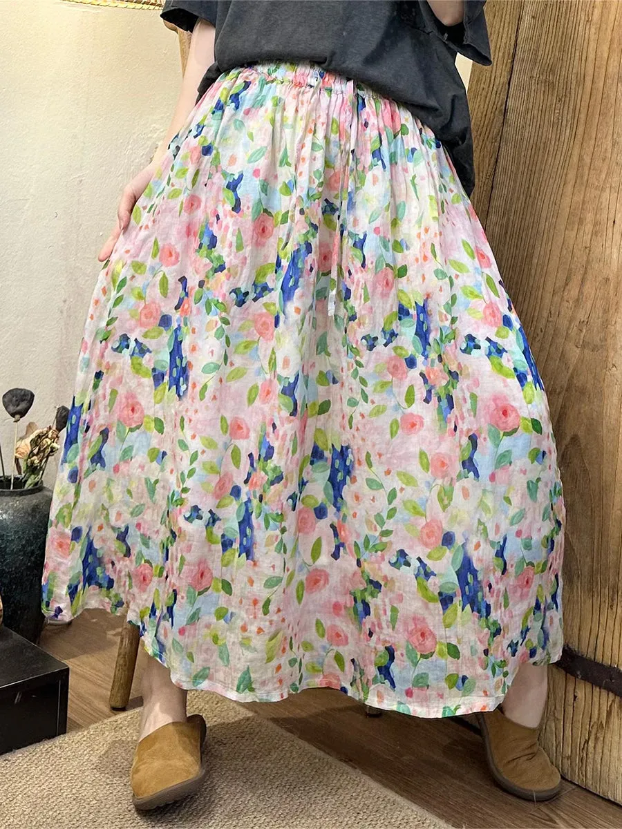 Women Summer Artsy Floral Dual-layer Ramie Skirt ZZ1055