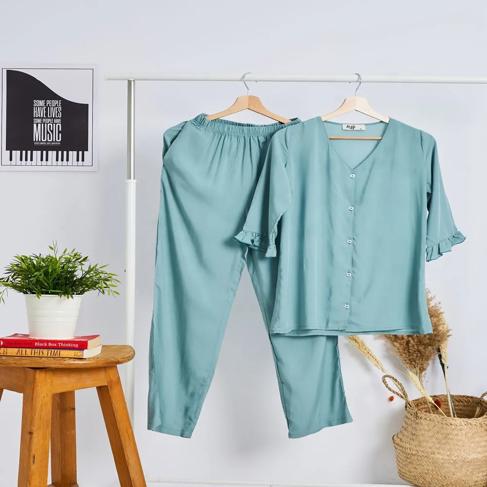 Women summer pajama set  Mint Buttoned Shirt with Ruffled Sleeves shirt   Pants