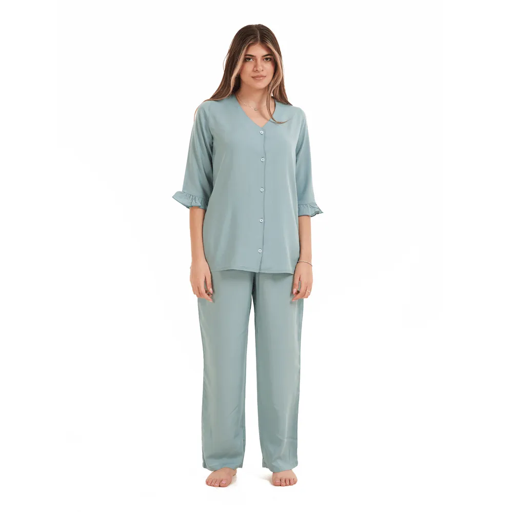 Women summer pajama set  Mint Buttoned Shirt with Ruffled Sleeves shirt   Pants