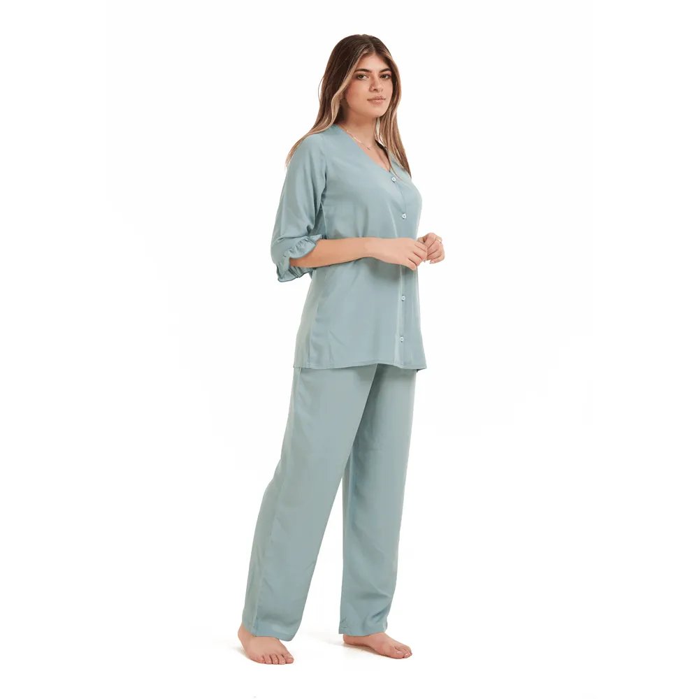 Women summer pajama set  Mint Buttoned Shirt with Ruffled Sleeves shirt   Pants