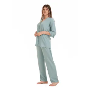 Women summer pajama set  Mint Buttoned Shirt with Ruffled Sleeves shirt   Pants