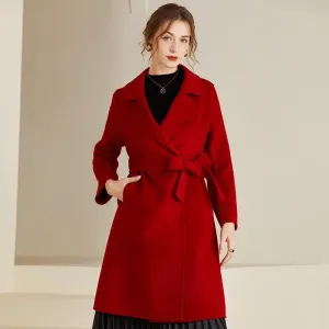 Women's Mid-length Belt Wool Reversible Woolen Coat