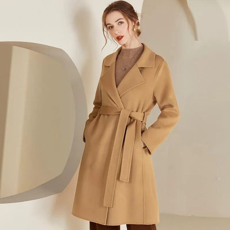 Women's Mid-length Belt Wool Reversible Woolen Coat