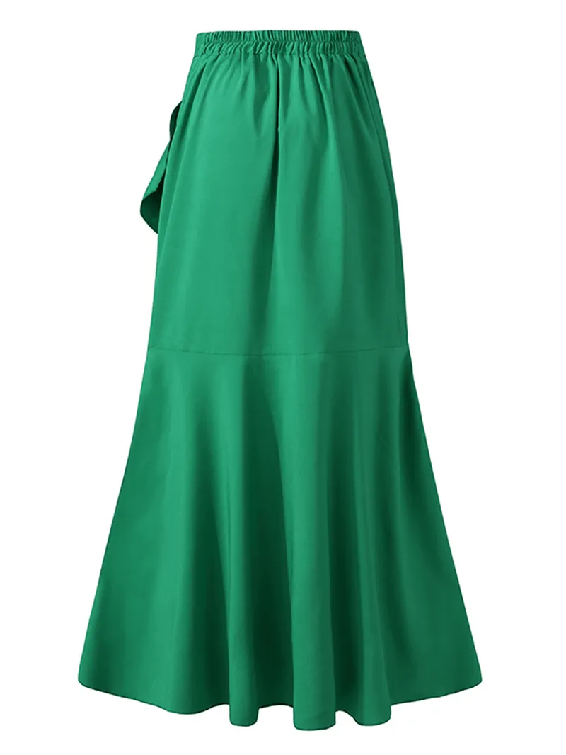 Women's Solid Color High Waist Ruffle High Low Hem Swing Maxi Skirts for Fashionable Style