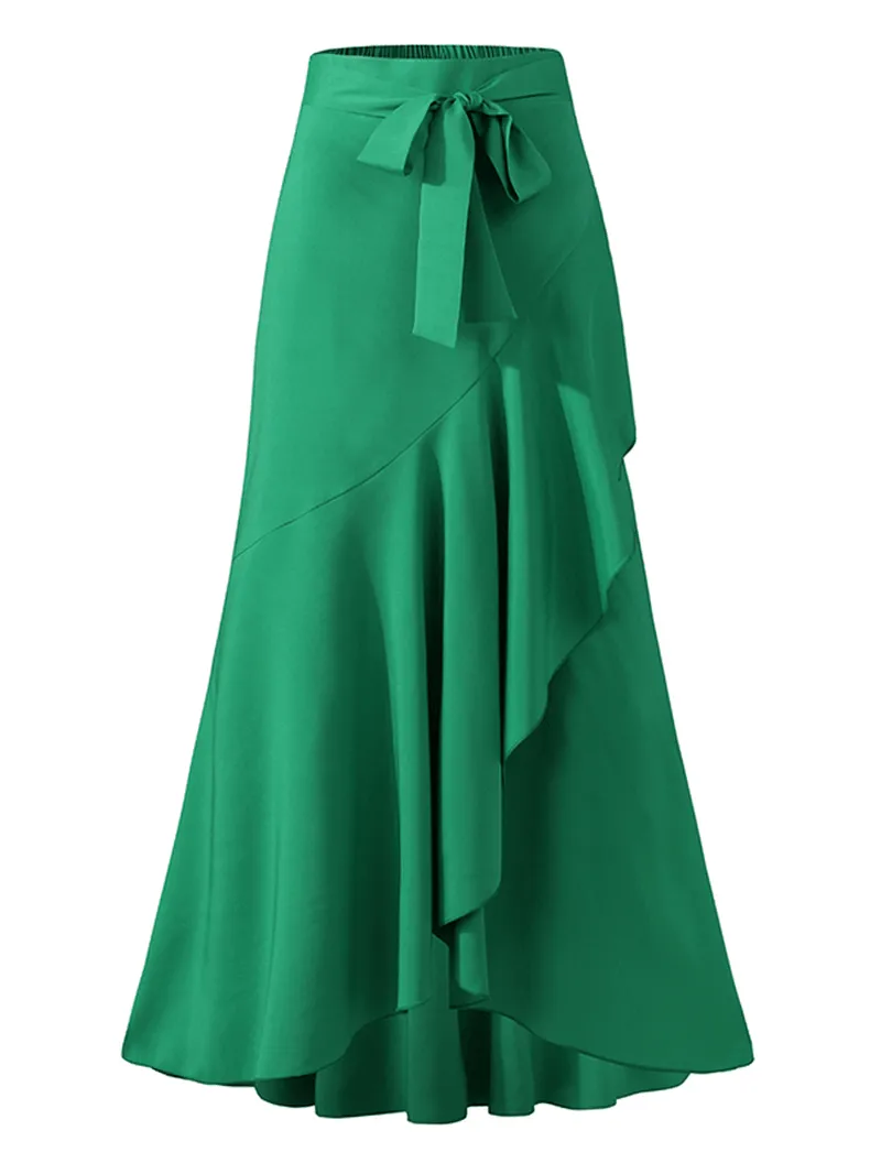 Women's Solid Color High Waist Ruffle High Low Hem Swing Maxi Skirts for Fashionable Style